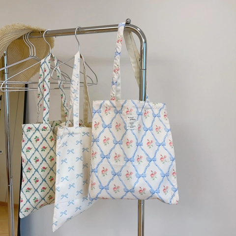 Sac Fourre-Tout En Toile À Fleurs Et Nœuds Coton Sac À Bandoulière Grande Capacité Poche Intérieure Style Littéraire Frais Femmes