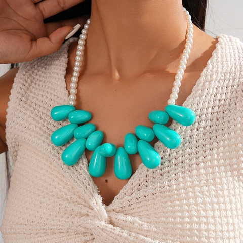 Collana Con Pendente A Goccia Esagerata Da Donna In Acrilico Vetro Perla Artificial Imitata Dichiarazione Robusta Vacanza Bohemia Lunga