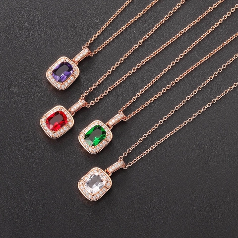 Elegant Copper Square Cubic Zirconia Pendant Necklace Real Gold Plated Colorful Gemstone Halo Jewelry For Women Party Gift