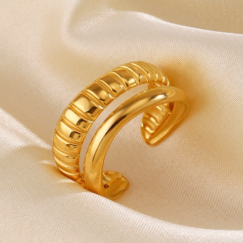 Stainless Steel Double Layer Open Ring Ribbed Texture Smooth Adjustable French Vintage Minimalist Jewelry For Women