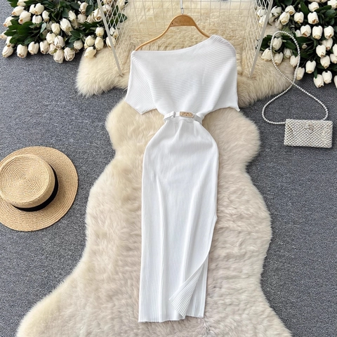 Elegante Geribde Gebreide Midi-Jurk Voor Dames Boothals Off-Shoulder Slim Fit Met Riem Zijsplit Minimalistisch Korte Mouwen