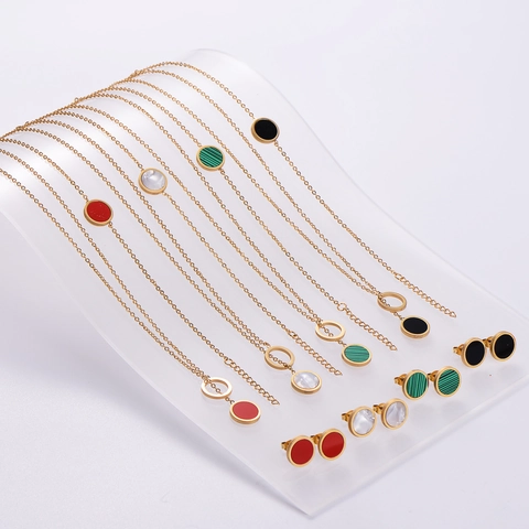 316L Stainless Steel 18K Gold Plated Round Shell Malachite Inlay Necklace Bracelet Earrings Minimalist Elegant For Women