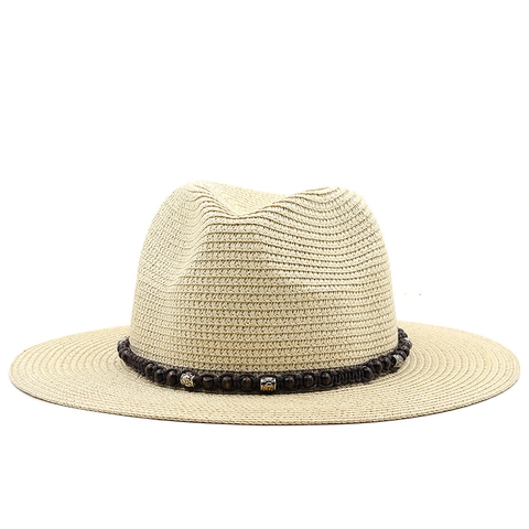 Cappello Fedora Di Paglia Da Donna Tesa Larga Protezione Solare Spiaggia Panama Jazz Con Fascia Decorativa In Perline Di Legno