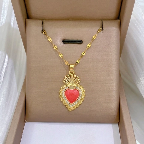 Vintage Herz Anhänger Halskette Gold Edelstahlkette Kupfer Zirkon Rote Emaille Schmuck Für Damen