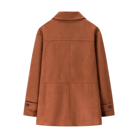 Women Suede Jacket Long Sleeve Lapel Collar Single Breasted Casual Outerwear Solid Color Flap Pockets Elegant Coat