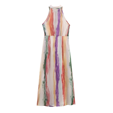 Dames Mouwloze Maxi Jurk Polyester Chiffon Verticale Strepen Aquarel Print Taille Strik Kraag Elegant Zomer Lange Rok
