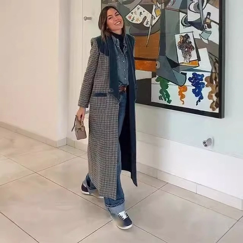 Dames Retro Houndstooth Plaid Lange Jas Fluwelen Patchwork Revers Single Breasted Herfst Winter Bovenkleding