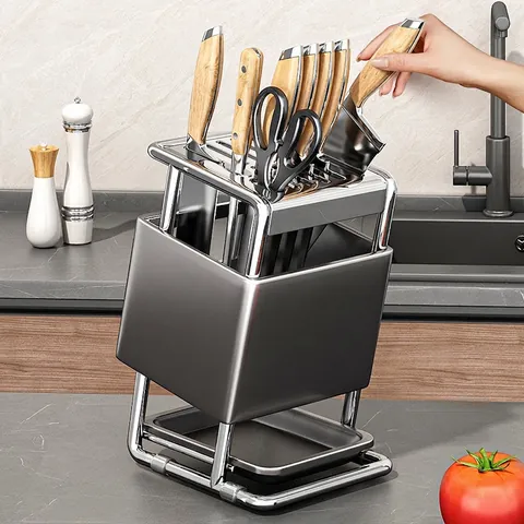 Kitchen Knife Holder Carbon Steel Stainless Steel Storage Rack With Drainage Board Modern Minimalist Stable Stand