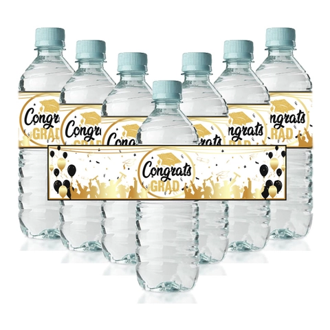 Graduation Water Bottle Labels Congrats Grad Theme Party Decorations Adhesive Paper Decorative Wraps Black Gold Elegant Supplies