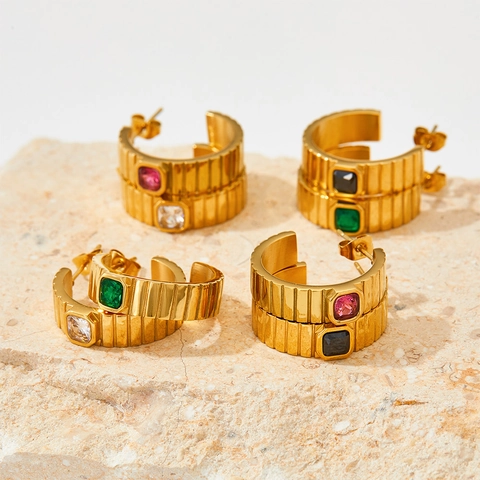 Retro Stainless Steel C Shaped Hoop Earrings With Square Zircon Ribbed Gear Texture Punk Style Jewelry For Women