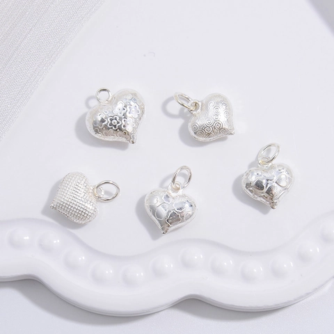 925 Sterling Silver Heart Pendant Engraved Pattern Threaded Texture Love Charm For DIY Jewelry Making Necklaces Accessories