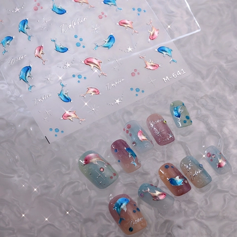 Autocollants À Ongles Relief 5D Thème Dauphin Océan Dégradé Bleu Rose Argent 3D Auto-Adhésif Décoration De Manucure Femmes Filles