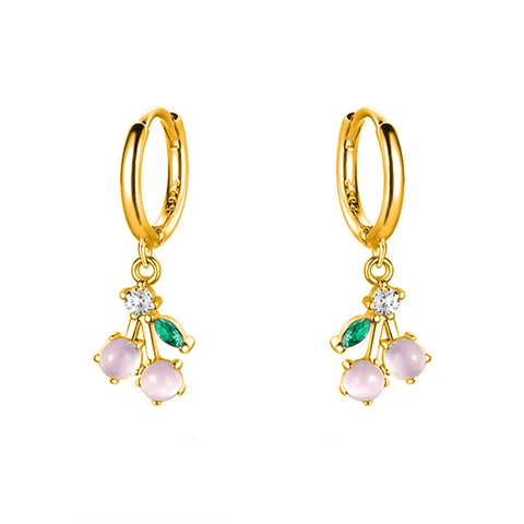 Orecchini A Cerchio Con Ciliegia E Perno In Argento Sterling 925 Rame Pietra Occhio Di Gatto Rosa Dolce Per Donne