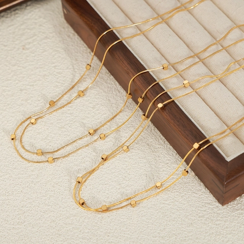 Double Layered Snake Chain Necklace Gold Plated Stainless Steel Geometric Cube Beads Minimalist Fashion Jewelry Women