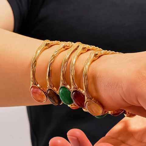 Vintage Titaniumstaal Verguld Ovaal Natuursteen Open Armring Voor Dames Retro Verstelbaar Mode Sieraden Cadeau