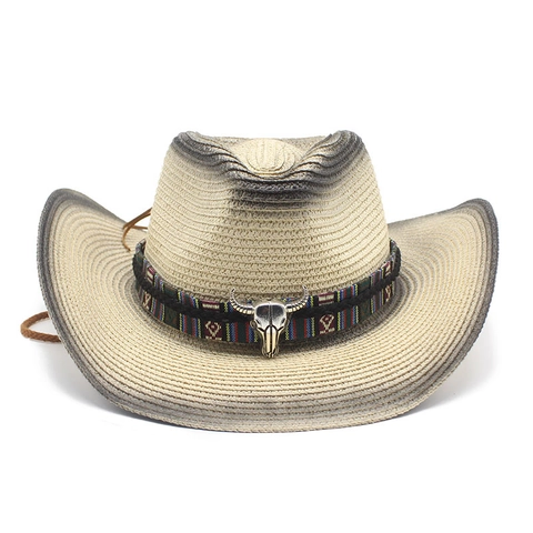 Western Cowboy Strohhut Atmungsaktiv Sonnenschutz Breite Krempe Retro Ethnisch Gewebtes Band Metall Stier Schädel Outdoor