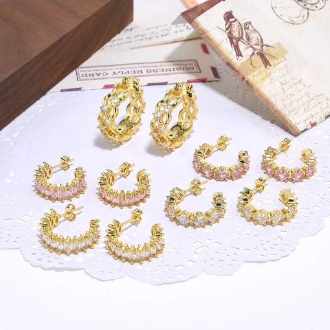 Vintage Copper Zirconia C-Shaped Hoop Earrings For Women Marquise Square Cut Pink White Stone Geometric Earrings Jewelry