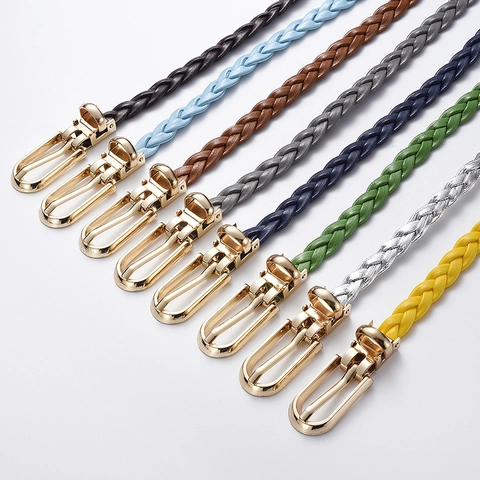Women Fashion Woven Belt Skinny PU Leather Braided Waist Strap Candy Color Casual Versatile Knot Decorative Alloy Buckle