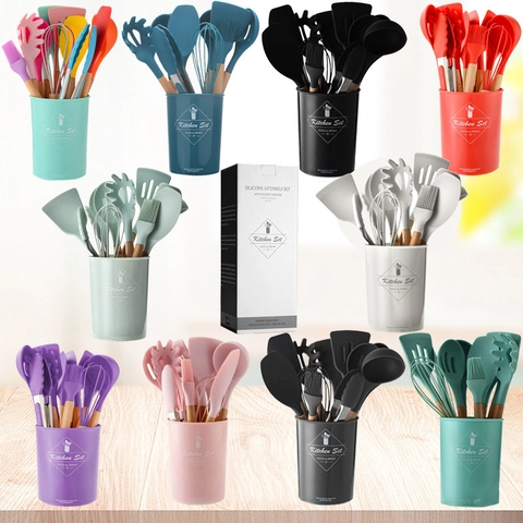 Set Di Utensili Da Cucina In Silicone Resistente Al Calore Con Manico In Legno Di Faggio E Secchio Per La Conservazione
