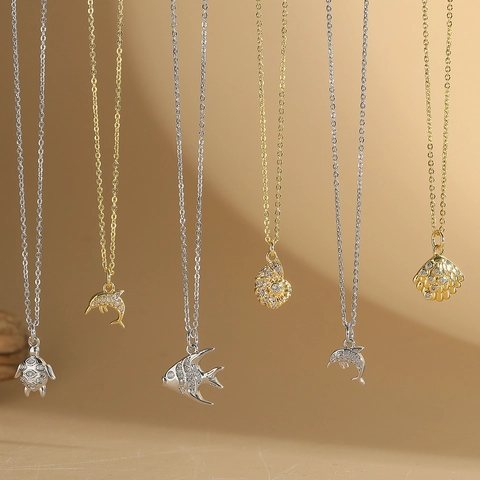 Copper Zirconia Sea Life Pendant Necklace Gold Silver Shell Turtle Dolphin Tropical Fish Dainty Necklace For Women