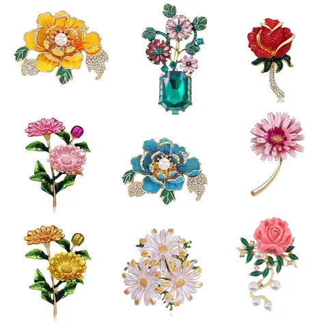 Exquisite Peony Flower Brooch Alloy Enamel Rhinestone Faux Artificial Pearl Vintage Style Corsage For Women Suit Coat Elegant Pin