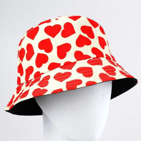 Reversible Bucket Hat Heart Print Cotton Polyester Sun Protection Outdoor Summer Sweet Cute For Adult