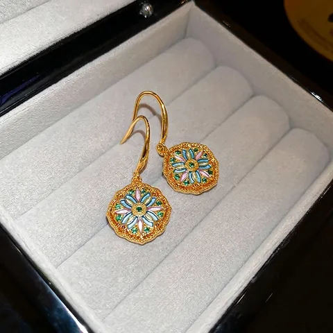 Pendientes De Gota De Flores De Jardín De Monet Vintage Francés Cobre Chapado En Oro Esmalte Circonita Gancho Joyería Mujer