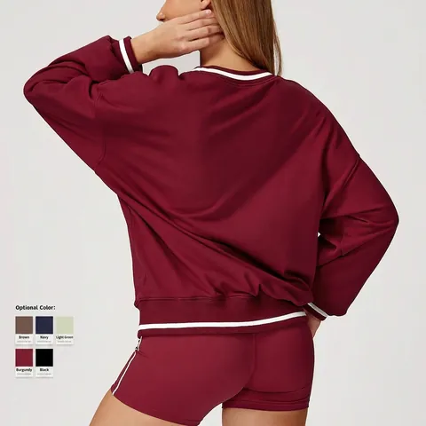 Damen Sweatshirt Baumwollmischung French Terry Rundhalsausschnitt Kontraststreifen Rippbündchen Lockerer Retro Sportliches Oberteil