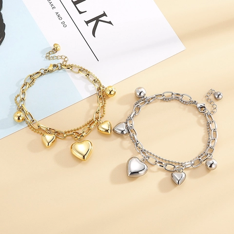Pulsera Con Colgante De Corazón En Capas Acero Inoxidable Chapado En Oro Cadena De Bolas Ajustable Joyería Mujer
