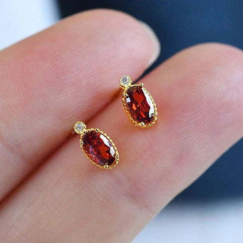 Vintage Oval Stud Earrings For Women Copper With Cubic Zirconia Milgrain Beaded Edge Petite Elegant Jewelry