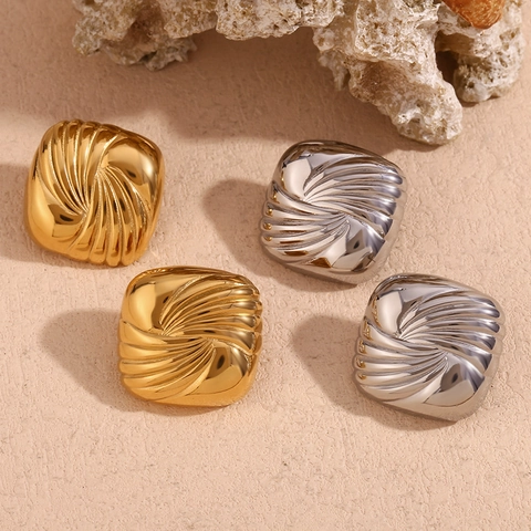 Square Stud Earrings 18K Gold Plated Stainless Steel Geometric Spiral Water Ripple Texture Vintage Fashion For Women