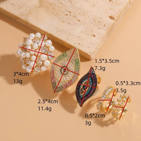 Anello Malocchio in Rame Placcato Oro di Lusso per Donna Con Zirconia e Perla Artificiale Moda Geometrica Aperto Regolabile Gioielli Regalo