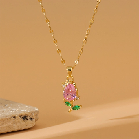 Tulip Flower Pendant Necklace Pink Zircon Stainless Steel Gold Plated Elegant Sweet Floral Jewelry For Women