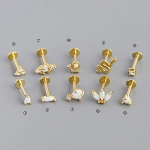 925 Sterling Silver Opal Labret Stud Earrings Threaded Flat Back Helix Piercing Crown Snake Flower Heart Star Rhinestone Earrings For Women