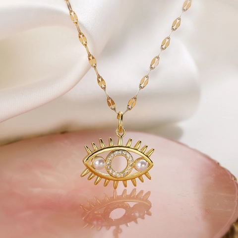 Collana Con Pendente Malocchio Rame Placcato Oro Vero Perla Artificial Zircone Cavo Elegante Gioielli Di Moda Per Donne