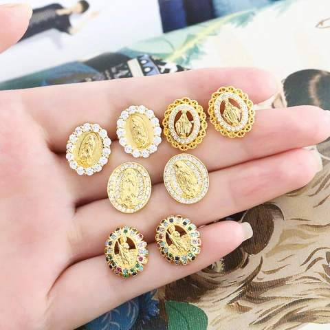 Virgin Mary Religious Stud Earrings Retro Gold Plated Copper Oval Zircon Inlaid Hollow Vintage Jewelry For Women Fashion