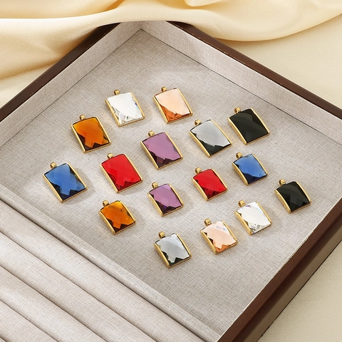 Colgante Rectangular De Vidrio Facetado Marco De Acero Inoxidable Charm Geométrico Moda Vintage Accesorio Joyería DIY Para Mujeres
