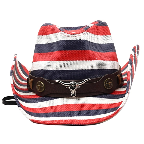 Western Cowboy Hat Straw Woven US Flag Stripes Wide Brim Sun Hat With Leather Band And Metal Ornament Independence Day