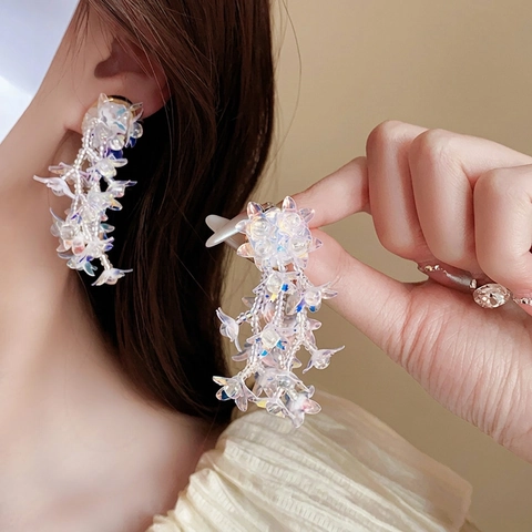 Flower Tassel Dangle Earrings Iridescent Acrylic Seed Bead Fairy Style For Women With 925 Sterling Silver Earring Post