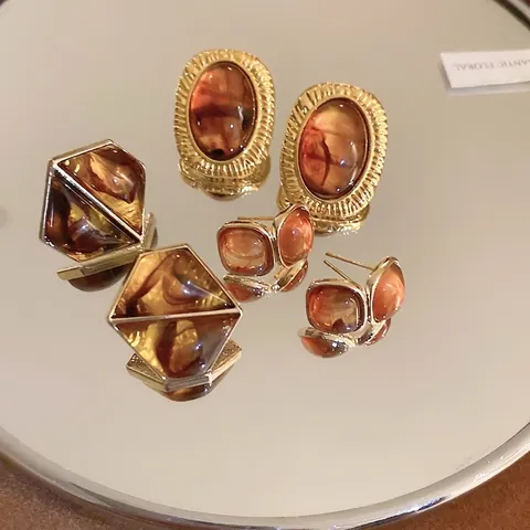 Boucles D'oreilles Géométriques Carrées En Résine Ambre Rétro Avec Tige En Argent Sterling 925 Doré Bijoux Vintage