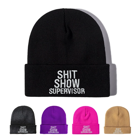 Beanie Hat Acrylic Knit Cuffed Letter Embroidery Shit Show Supervisor Casual Warm Winter Accessory For Men Women