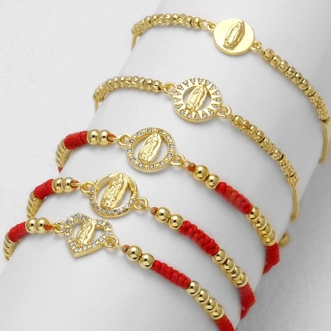 Religious Virgin Mary Heart Infinity Bracelet Copper 18K Gold Plated Cubic Zirconia Adjustable Red Rope Box Chain Women