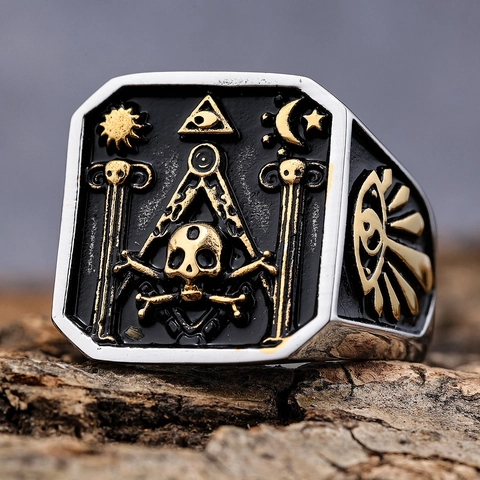 Masonic Skull Ring For Men Vintage Gothic Punk Stainless Steel Two Tone Gold Silver Signet Band Mystical Jewelry