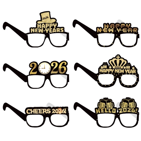 Occhiali Da Festa Felice Anno Nuovo 2026 Novità Carta Glitterata Puntelli Fotografici Celebrazione Cornici Decorative Nero Oro