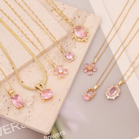 Rosa Zirkon Anhänger Halskette Vergoldete Kupfer Edelstahl Kette Elegante Schlüsselbein Schmuck Für Frauen Romantisches Geschenk Luxus