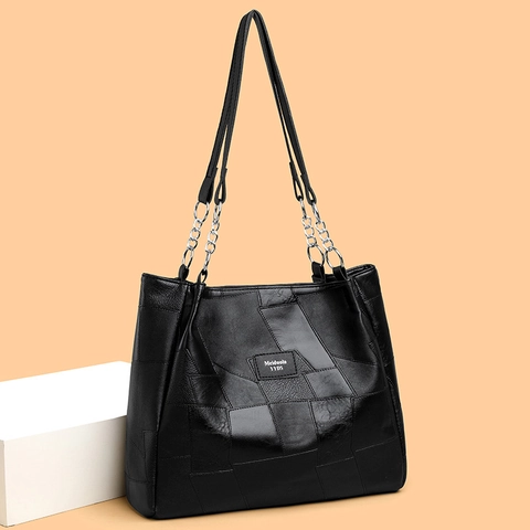 Large Capacity Tote Bag PU Leather Geometric Patchwork Shoulder Handbag With Metal Chain For Women Daily Commute Modern