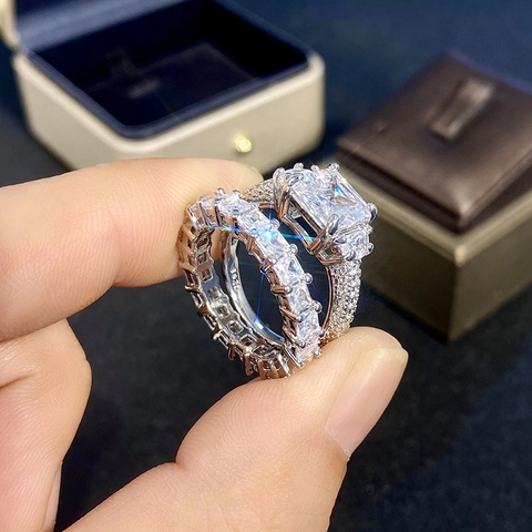 Smaragdschliff Zirkonia Verlobungsring Und Passender Band Kupfer Luxus Mode Für Frauen