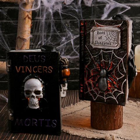 Halloween Decorative Book Ornament Resin LED Glowing Gothic Grim Reaper Skull Spider Horror Desktop Sculpture Party Prop