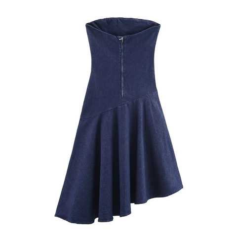 Vestido Mini De Mezclilla Sin Tirantes Con Dobladillo Asimétrico Irregular Azul Jean Tube Top Sexy Elegante Ropa De Fiesta Para Mujeres