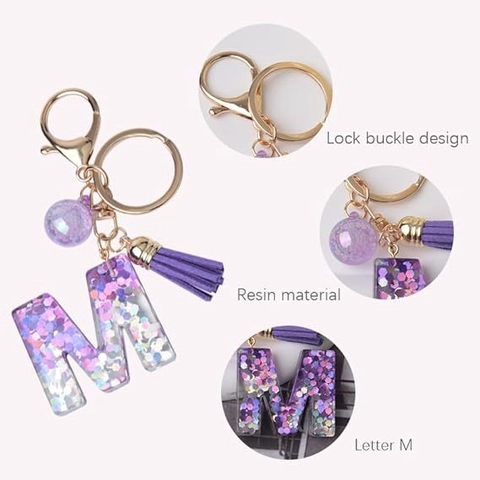 Porte-clés Lettre Alphabet en Résine Pailletée Violette Fermoir Doré Gland Perle Pendentif de Sac Cadeau Bijoux Femme